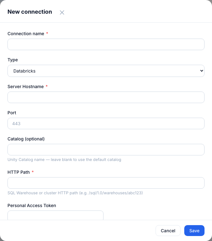 Databricks connection form