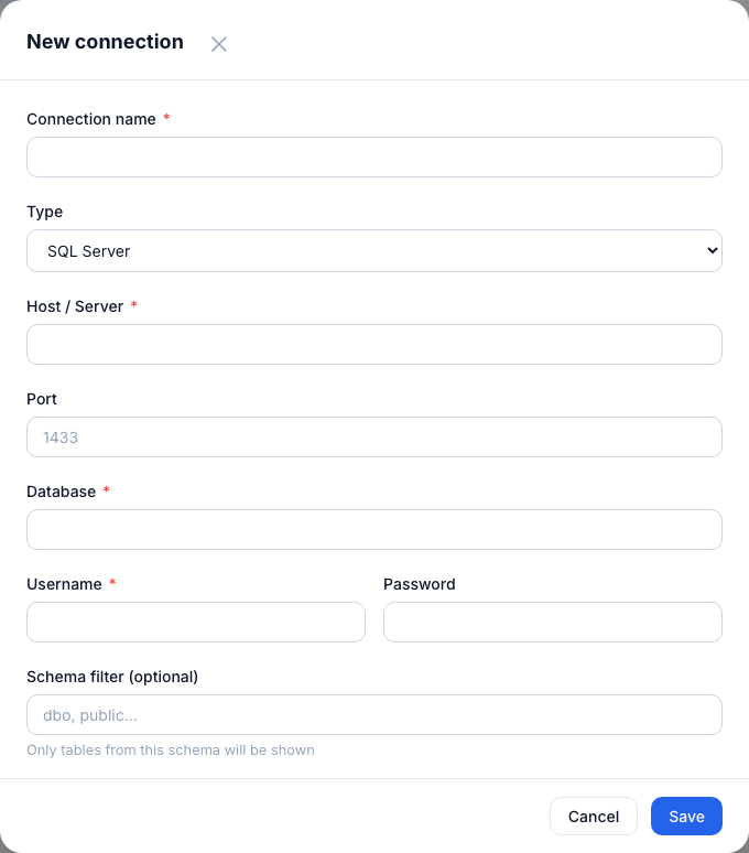 SQL Server connection form